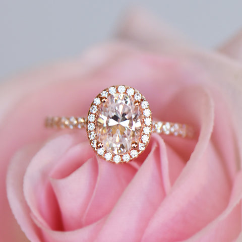 1.5 ctw Oval Halo Ring - 10k Solid Rose Gold, Sz 5, 6, 8