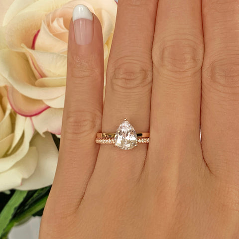 2 ct Pear Solitaire Ring - 10k Solid White Gold, Sz 10