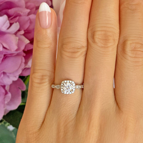 3 ctw Cushion Cut Halo Ring - 10k Solid Rose Gold, Sz 5-10