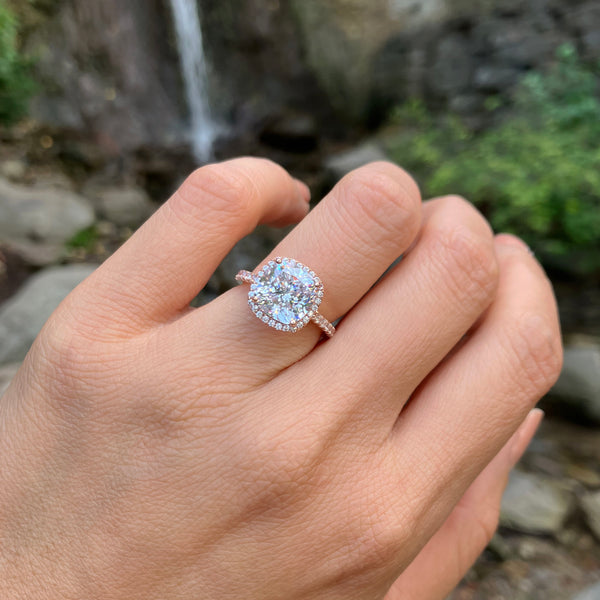 3 ctw Cushion Cut Halo Ring - 10k Solid Rose Gold, Sz 5-10