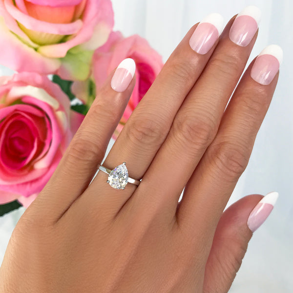 2 ct Pear Solitaire Ring - 10k Solid White Gold, Sz 10