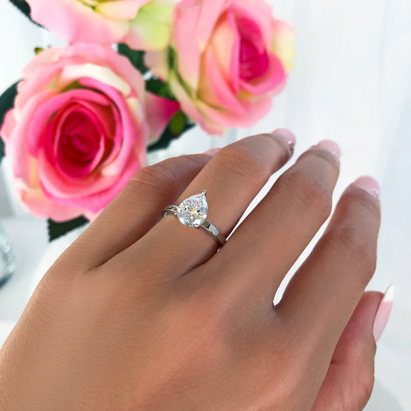 2 ct Pear Solitaire Ring - 10k Solid White Gold, Sz 10