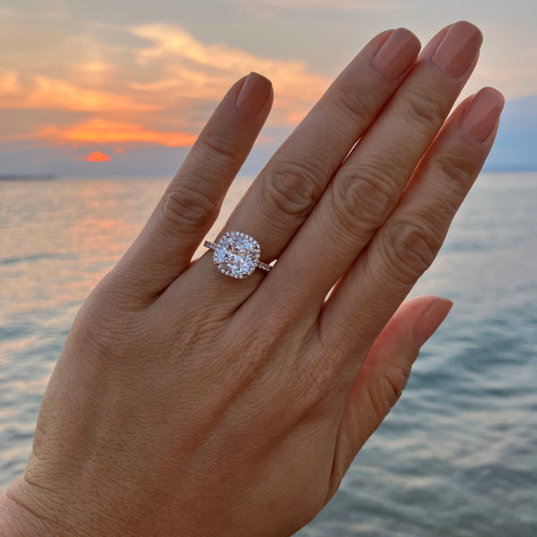 3 ctw Cushion Cut Halo Ring - 10k Solid Rose Gold, Sz 5-10