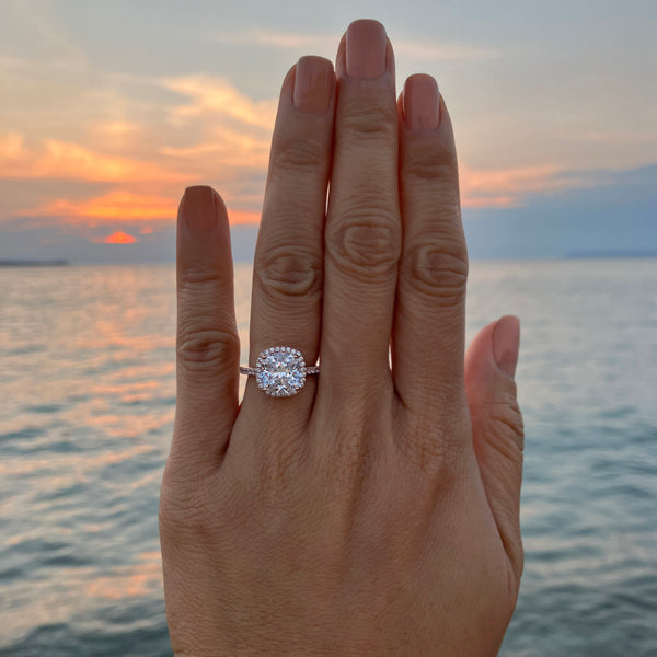 3 ctw Cushion Cut Halo Ring - 10k Solid Rose Gold, Sz 5-10