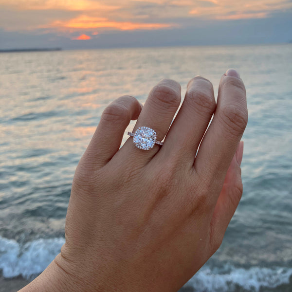 3 ctw Cushion Cut Halo Ring - 10k Solid Rose Gold, Sz 5-10