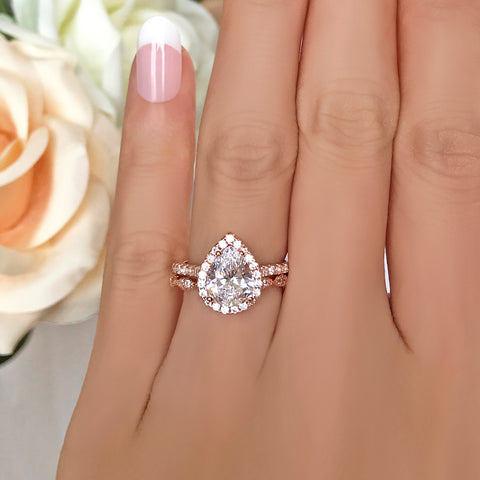 1.5 ctw Pear Halo Ring - Rose GP