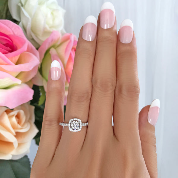 3/4 ctw Square Halo Ring - 10k Solid White Gold, 30% Final Sale, Sz 5