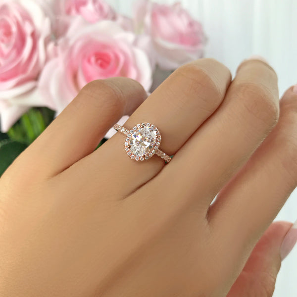 1.5 ctw Oval Halo Ring - 10k Solid Rose Gold, Sz 5, 6, 8