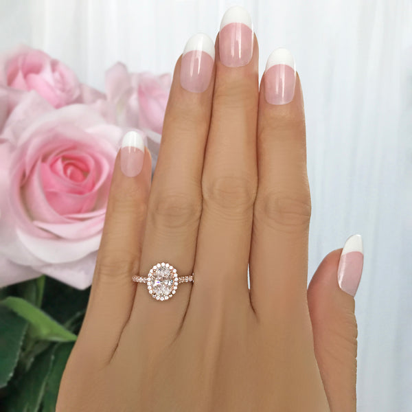 1.5 ctw Oval Halo Ring - 10k Solid Rose Gold, Sz 5, 6, 8