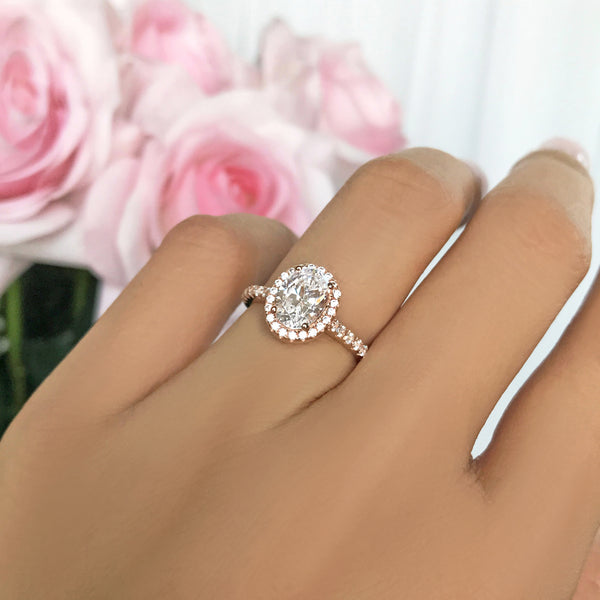 1.5 ctw Oval Halo Ring - 10k Solid Rose Gold, Sz 5, 6, 8