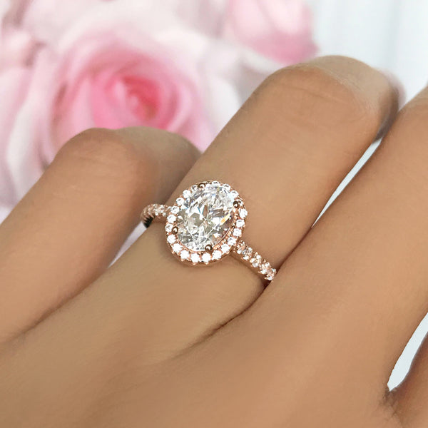 1.5 ctw Oval Halo Ring - 10k Solid Rose Gold, Sz 5, 6, 8