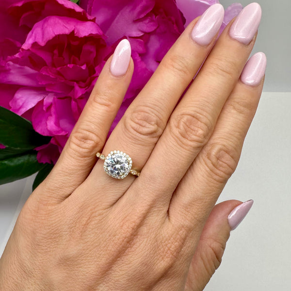2.25 ctw Art Deco Halo Ring - 10k Solid Yellow Gold, Sz 7 only