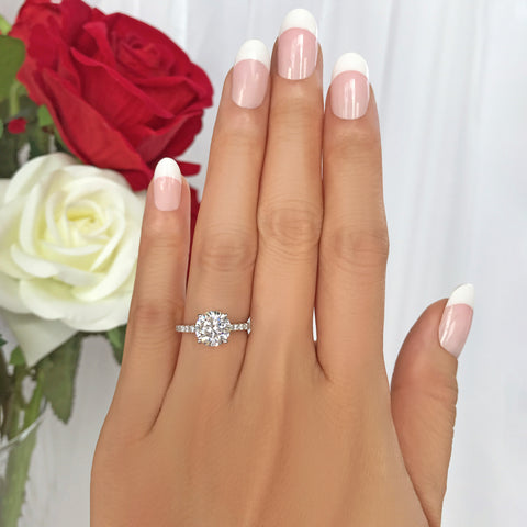 Susan: 2.25 ctw 4 Prong Round Accented Solitaire Ring - 10k Solid White Gold, Sz 7 - Final Sale