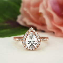 1.5 ctw Pear Halo Ring - 10k Solid Rose Gold, Sz 5-6