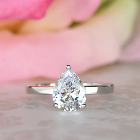 2 ct Pear V Style Solitaire Ring - 10k Solid White Gold, Sz 4-9