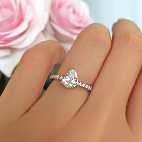 1.5 ctw Pear Halo Ring - 10k Solid White Gold, Sz 7 or 9