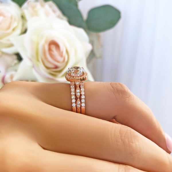 2.25 ctw Art Deco Halo 3 Band Half Eternity Set - Rose GP, 40% Final Sale