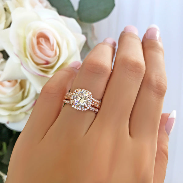 2.25 ctw Art Deco Halo 3 Band Half Eternity Set - Rose GP, 40% Final Sale