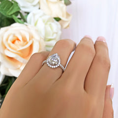 2.5 ctw Pear Halo Ring - 10k Solid White Gold, Sz 6-7