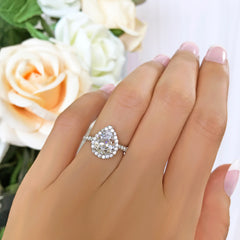 2.5 ctw Pear Halo Ring - 10k Solid White Gold, Sz 6-7