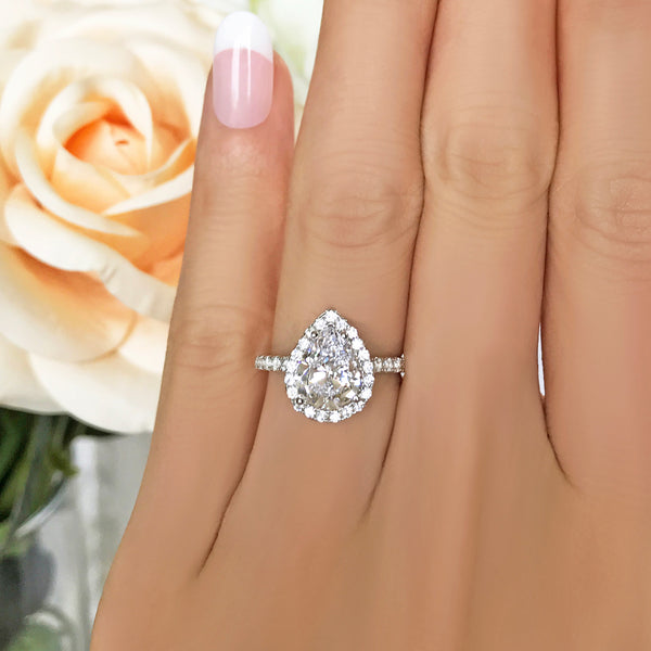 2.5 ctw Pear Halo Ring - 10k Solid White Gold, Sz 6-7