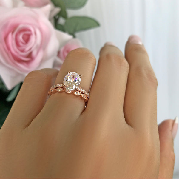 2.25 ctw Oval Accented Art Deco Solitaire Set- Rose GP