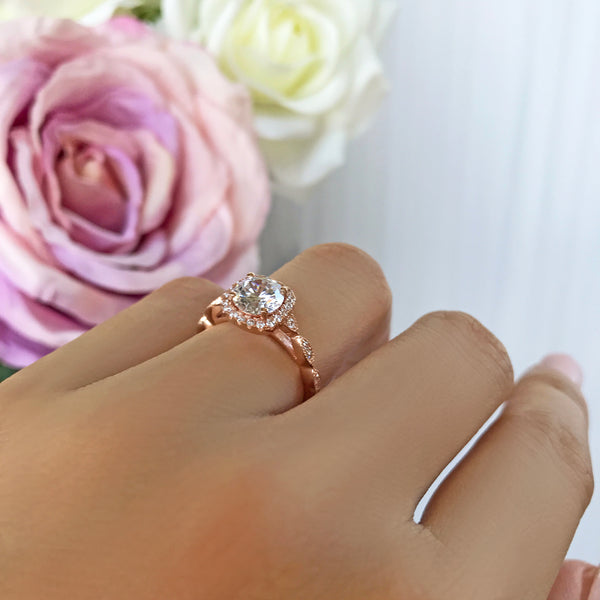 1.25 ctw Art Deco Halo Ring - 10k Solid Rose Gold