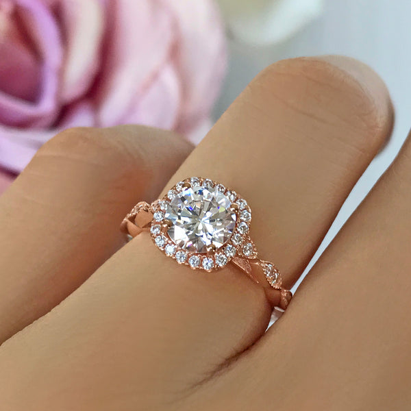 1.25 ctw Art Deco Halo Ring - 10k Solid Rose Gold