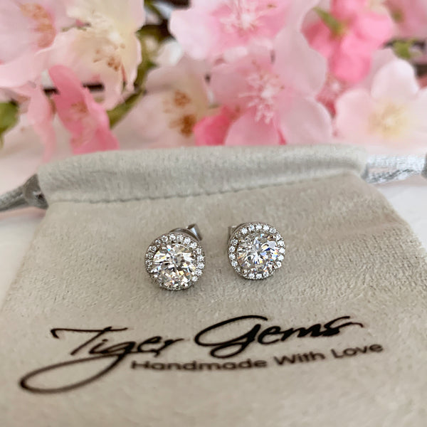 2 Ct Tw Halo Earrings – Russian CZ Moissanite Simulant, Sterling Silver .925, Studs