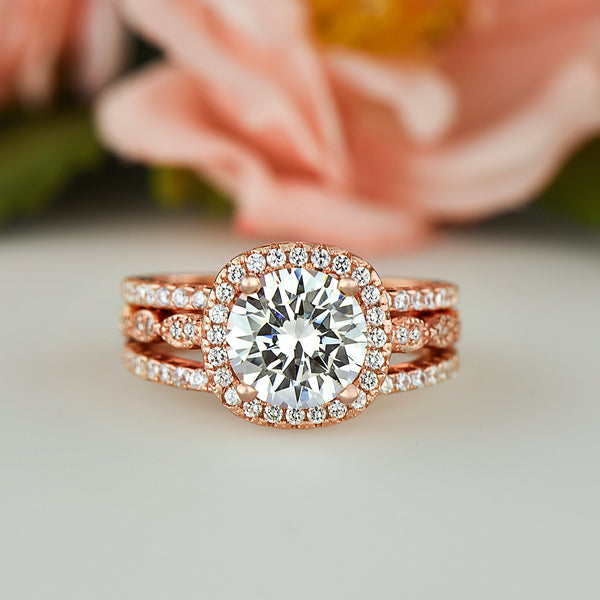 2.25 ctw Art Deco Halo 3 Band Half Eternity Set - Rose GP, 40% Final Sale